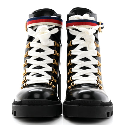 Gucci Calfskin Sylvie Web Womens Lace Up Combat Boots 41 Black 2 of 10
