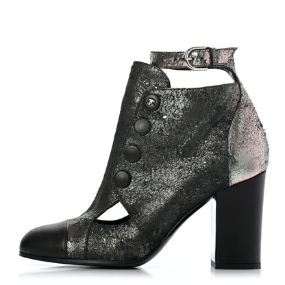 Chanel Metallic Lambskin Cap Toe Ankle Boots 37 Silver Black 1 of 8