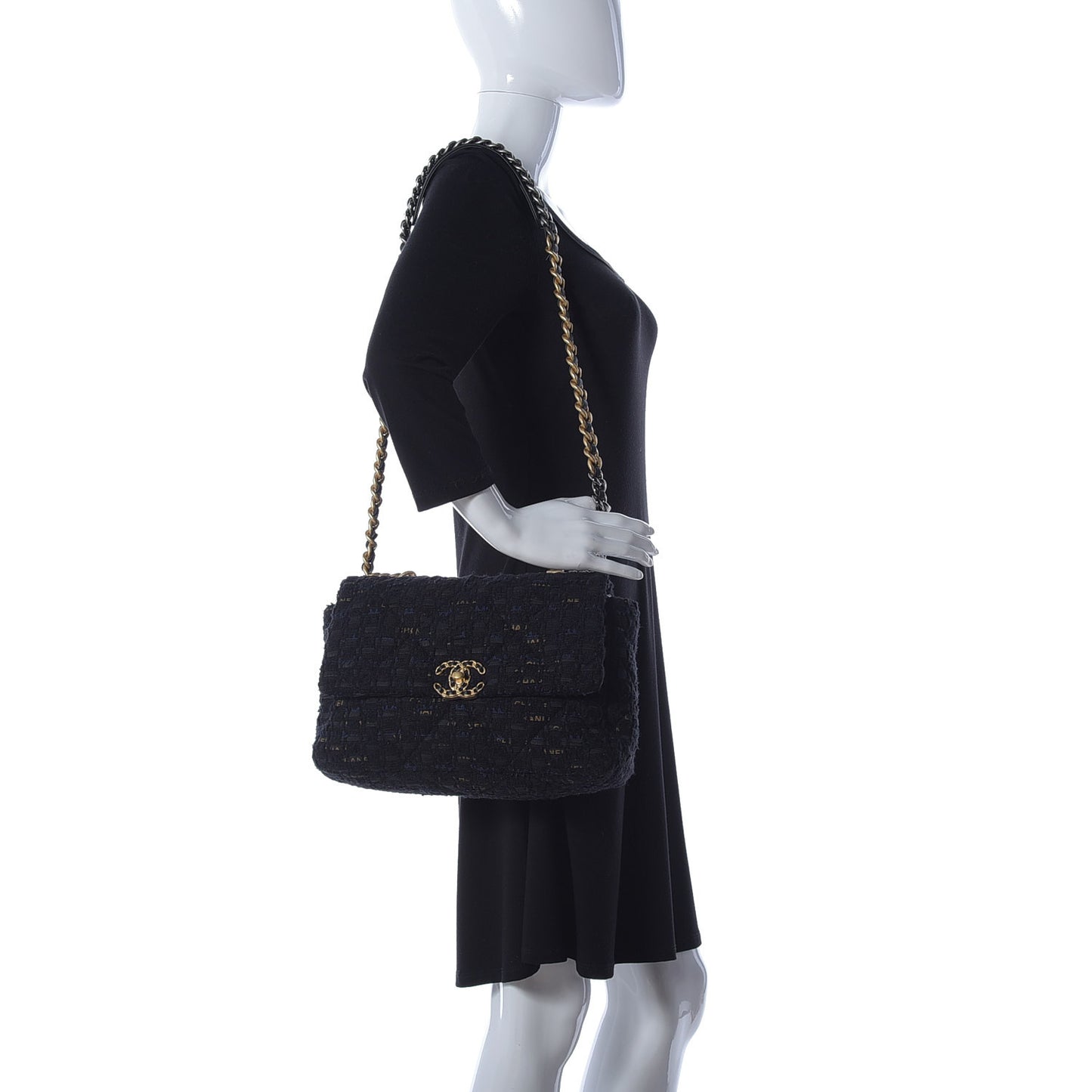 Tweed Quilted Large Chanel 19 Flap Black Navy Gold