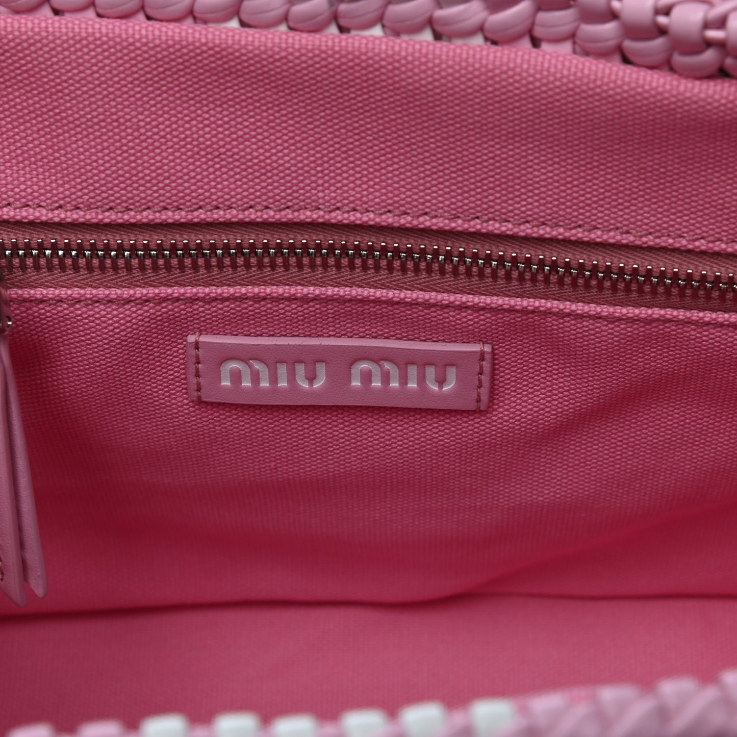 Polyurethane Calfskin Woven Bi-Color Tote Pink White