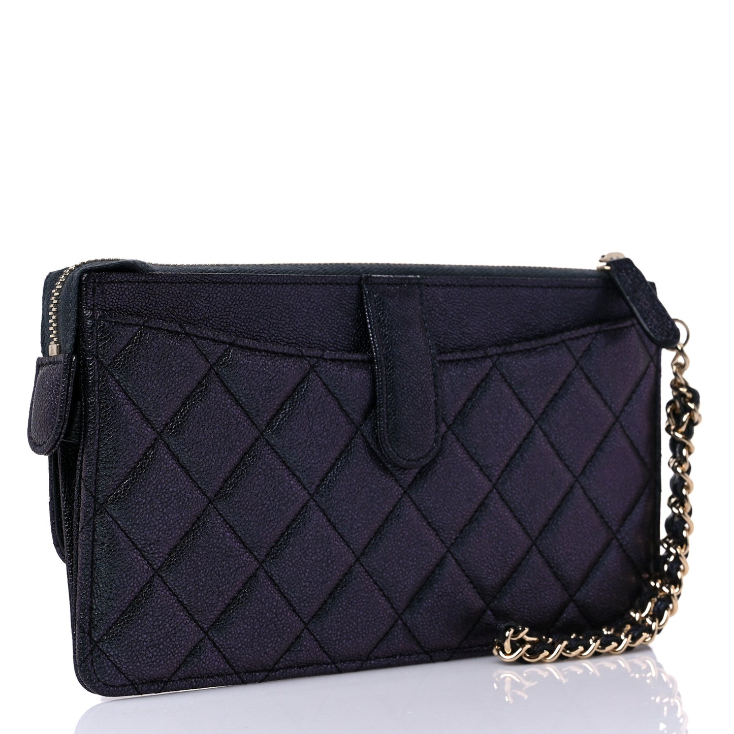 Iridescent Caviar Quilted Classic Pouch With Handle Black