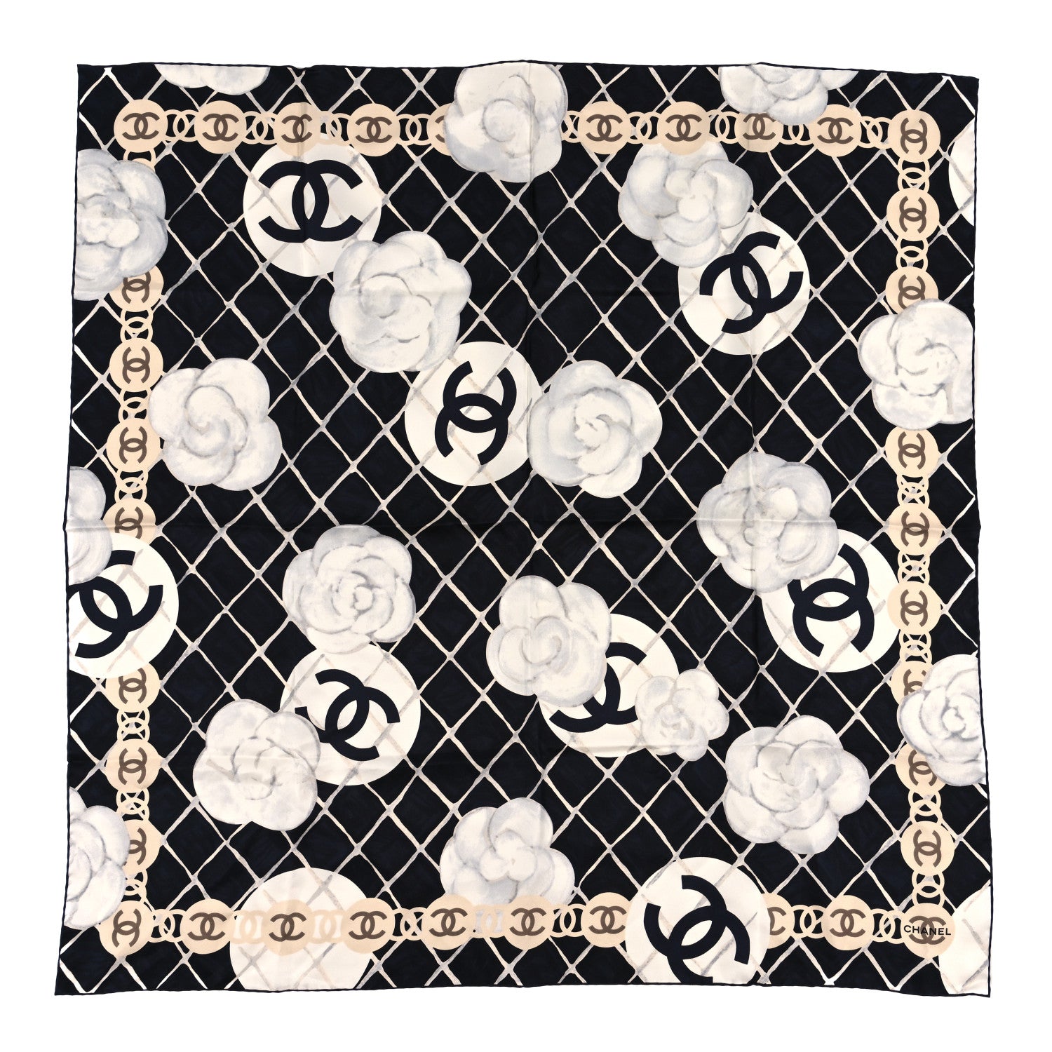 Chanel Silk CC Logo Camellia Scarf White Black 1 of 3