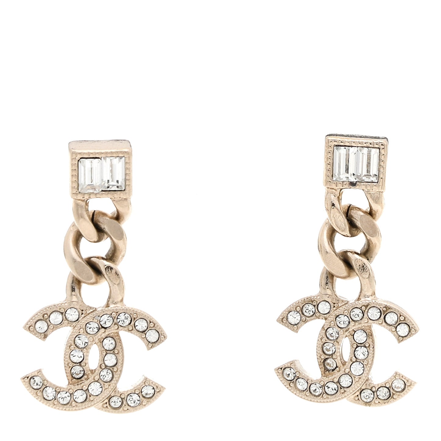 Metal Crystal Baguette CC Chain Drop Earrings Gold