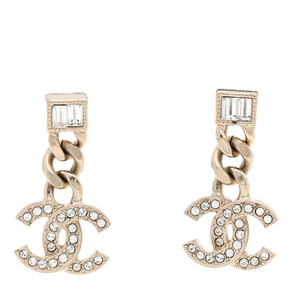 Chanel Metal Crystal Baguette CC Chain Drop Earrings Gold 1 of 4