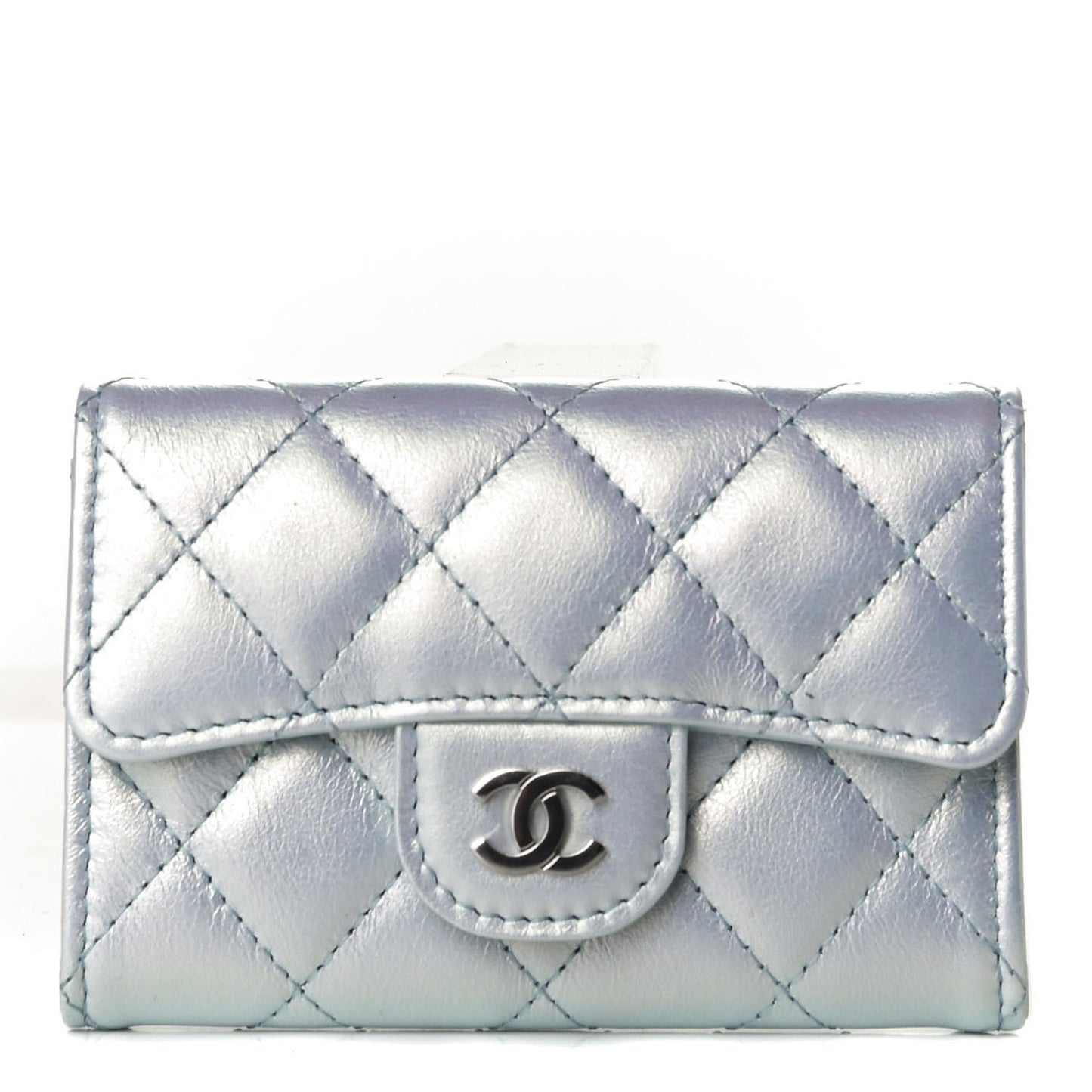 Iridescent Calfskin Quilted Flap Card Holder Light Blue