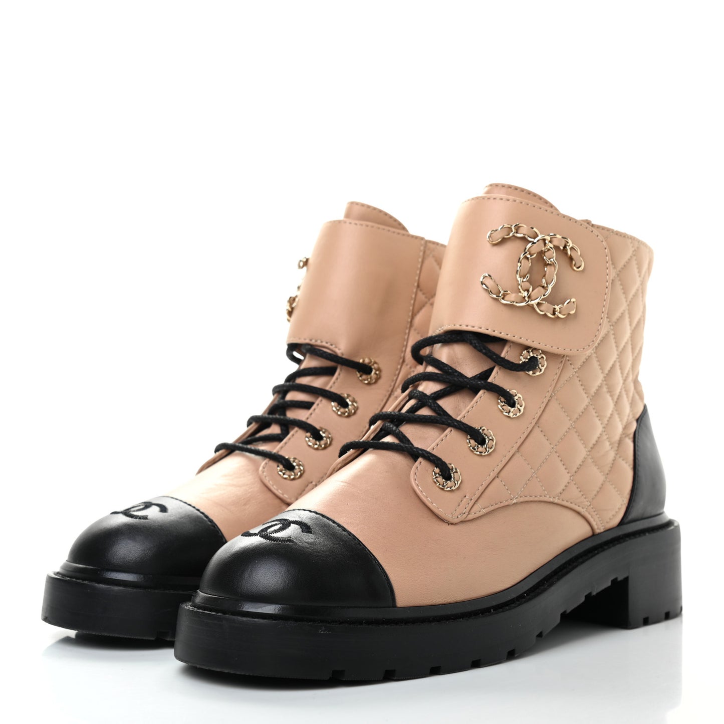 Shiny Lambskin Quilted Lace Up Combat Boots 41 Beige Black