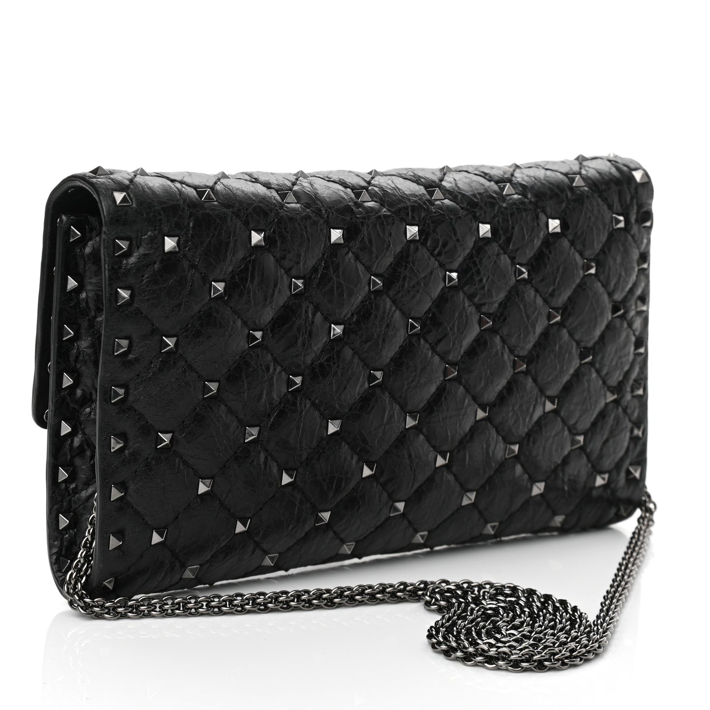Craquele Nappa Rockstud Spike Wallet on Chain Black