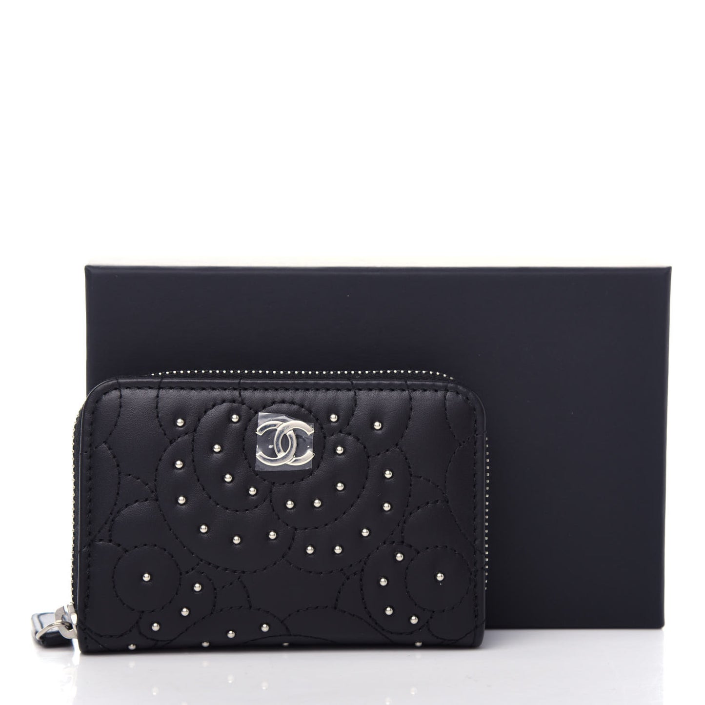Lambskin Camellia Embossed Studded Zip Coin Purse Black