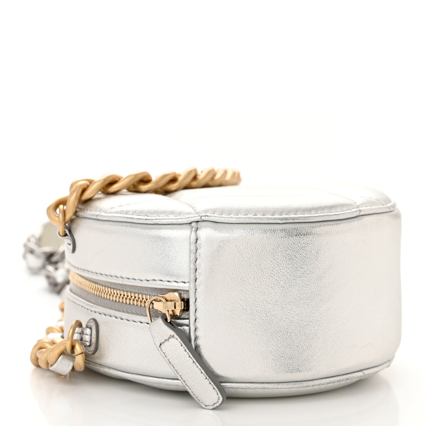 Metallic Lambskin Quilted Chanel 19 Round Clutch With Chain Silver