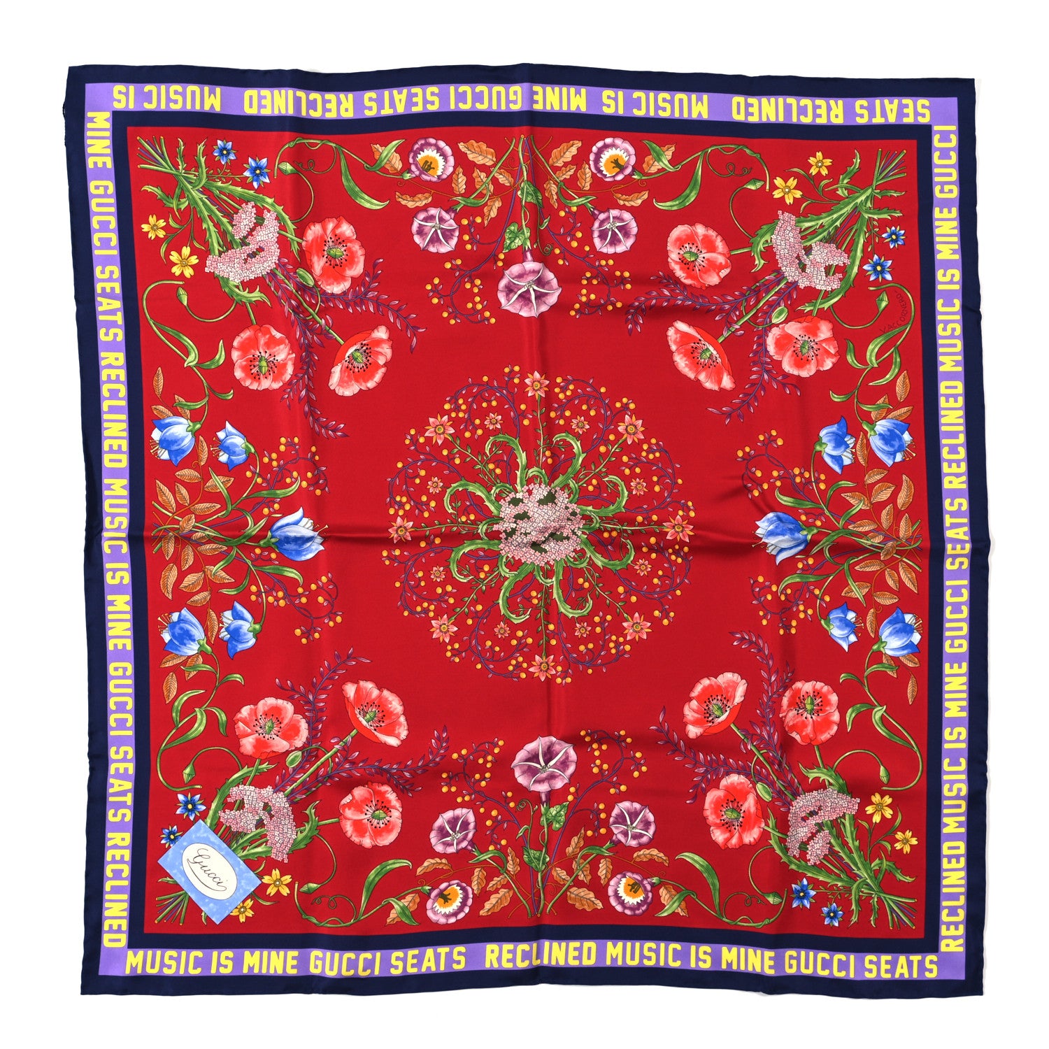 Gucci Silk Twill Campanule Cent Square Scarf Red Blue 1 of 4