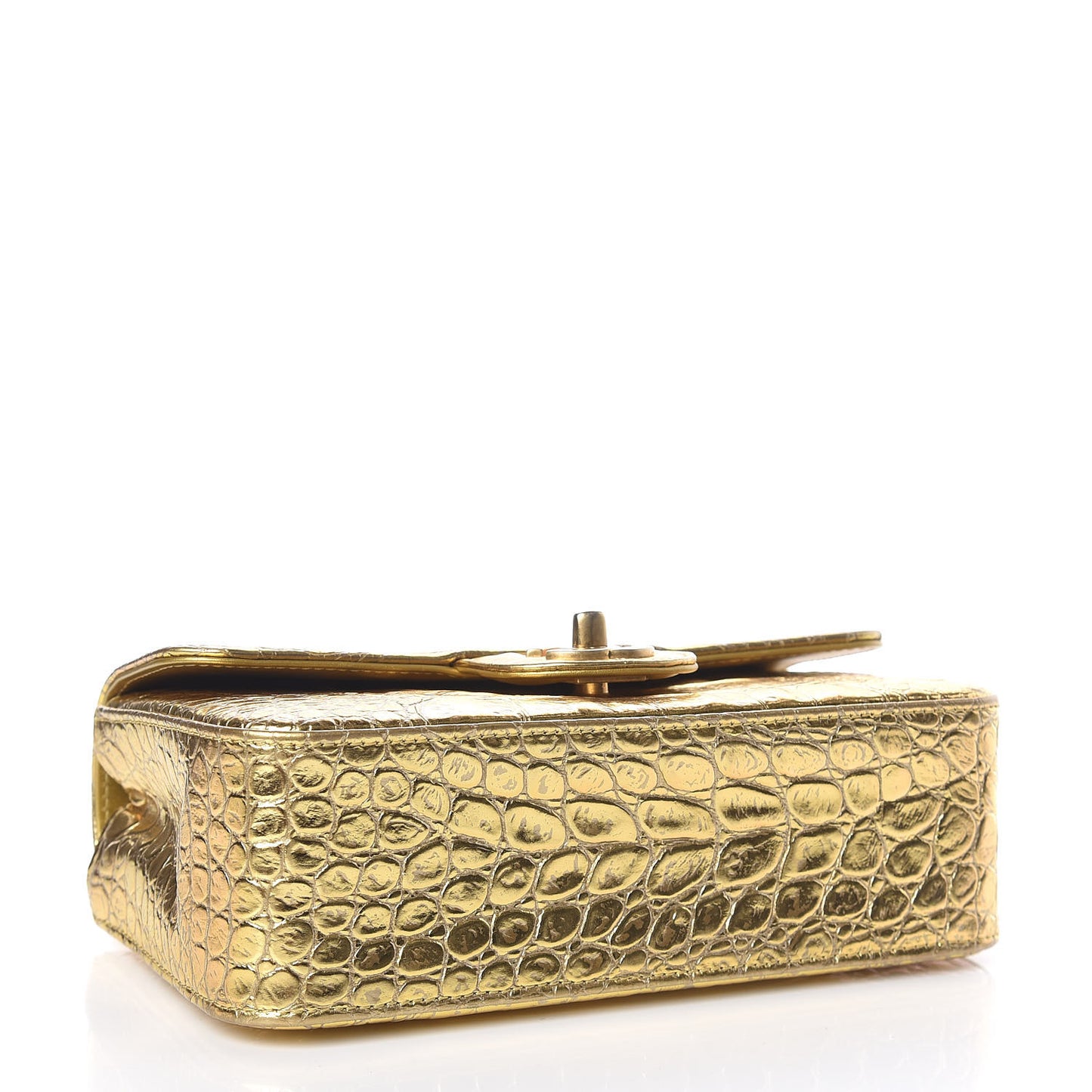Metallic Calfskin Crocodile Embossed Cocodile Rectangular Mini Flap Gold