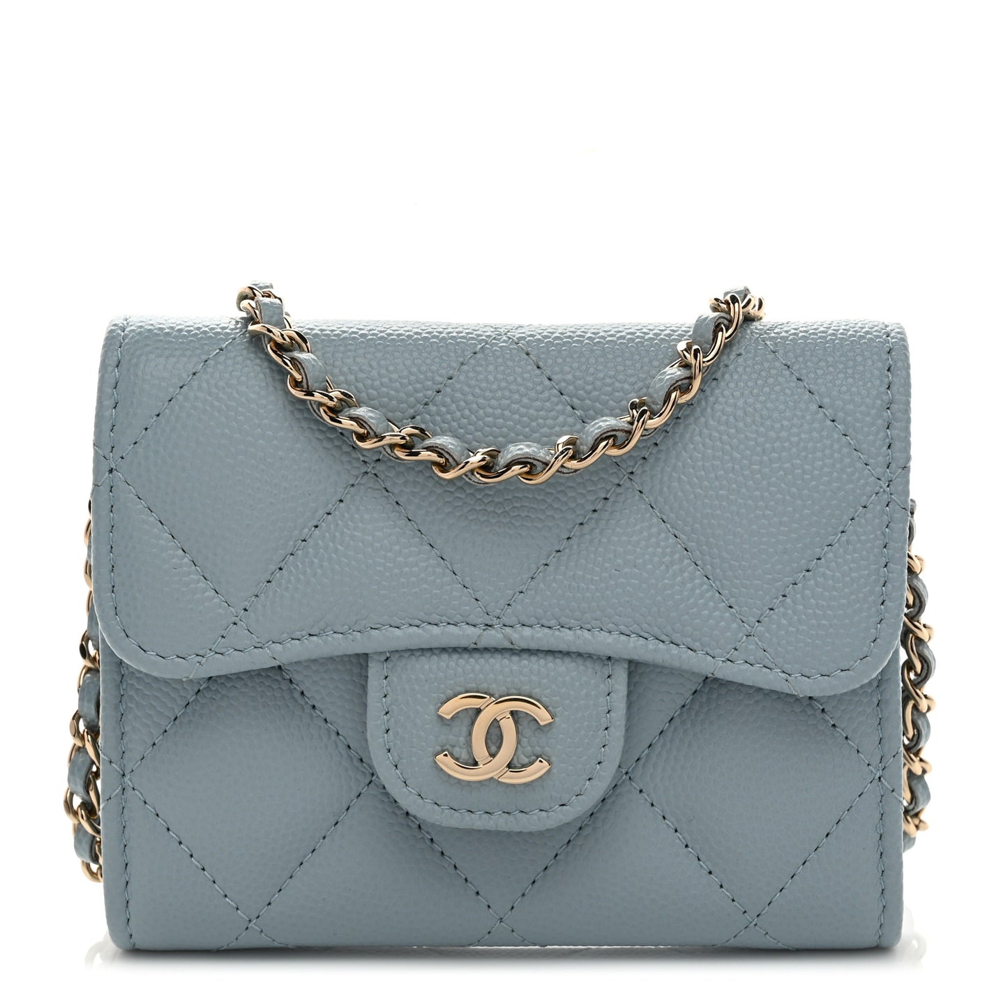 Caviar Quilted Flap Card Holder On Chain Light Blue