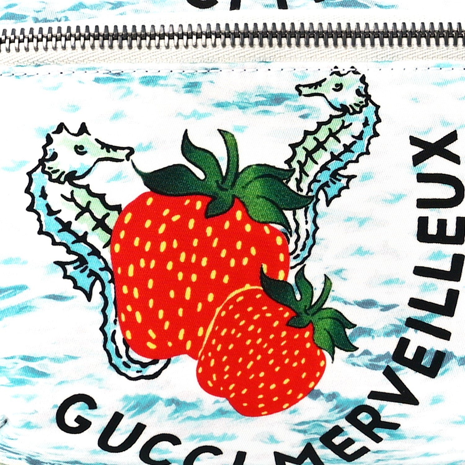 Gucci Nylon Merveilleux Strawberry Print Childrens Belt Bag Light Blue Red Dusty White 9 of 12