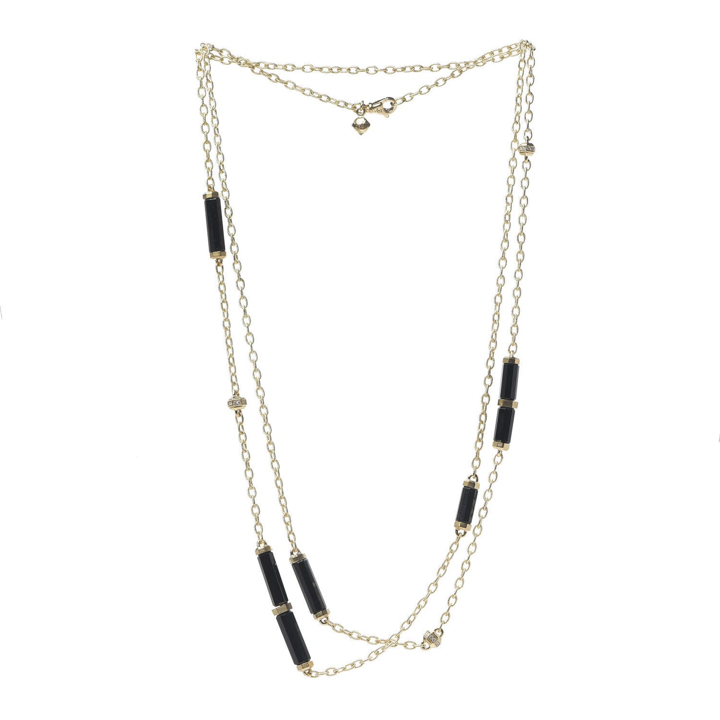 18K Yellow Gold Diamond Black Onyx Barrels Long Station Necklace