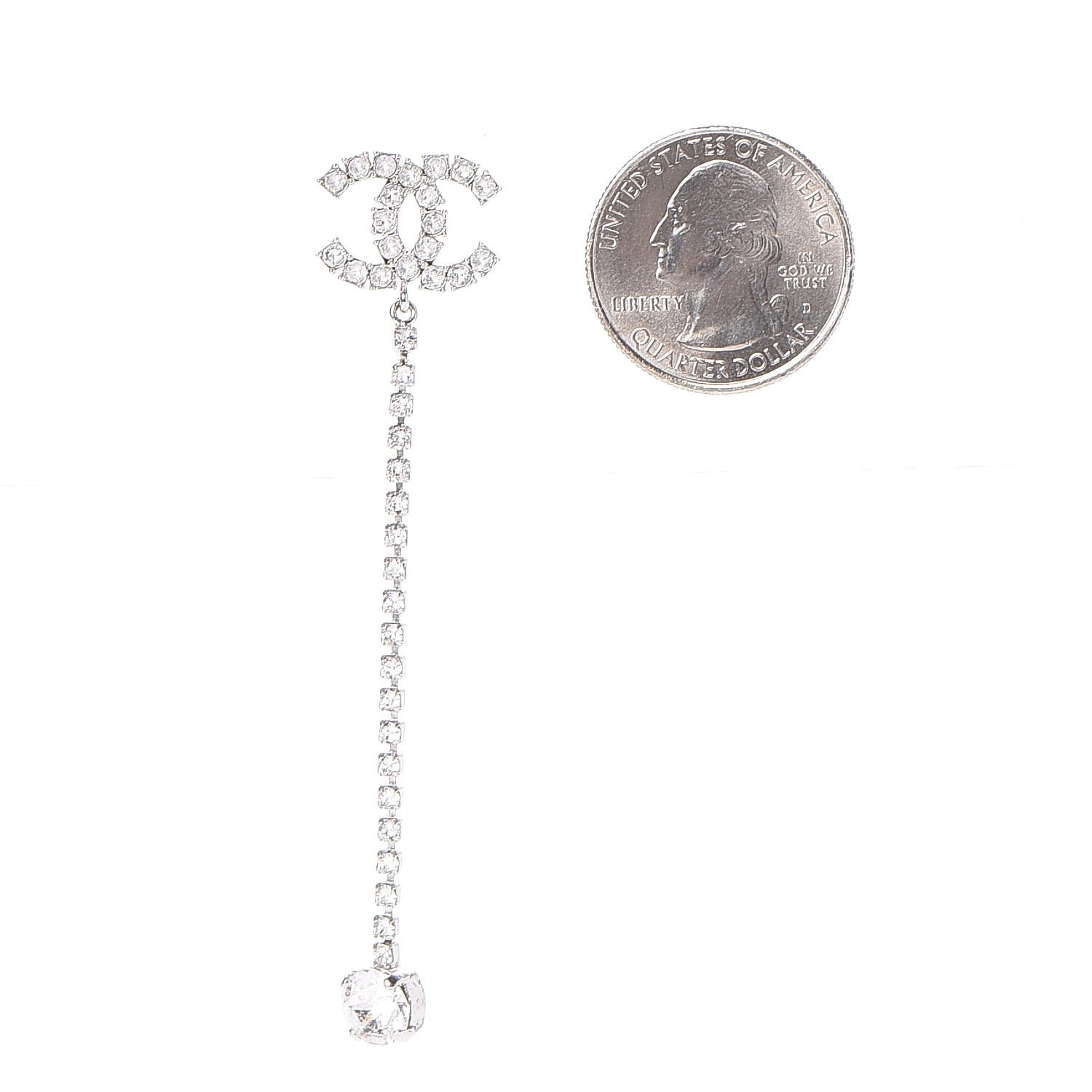 Chanel Metal Baguette Round Crystal CC Drop Long Earrings Silver 2 of 5