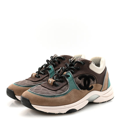 Chanel Nylon Calfskin Suede Womens CC Sneakers 38.5 Brown Green 4 of 9