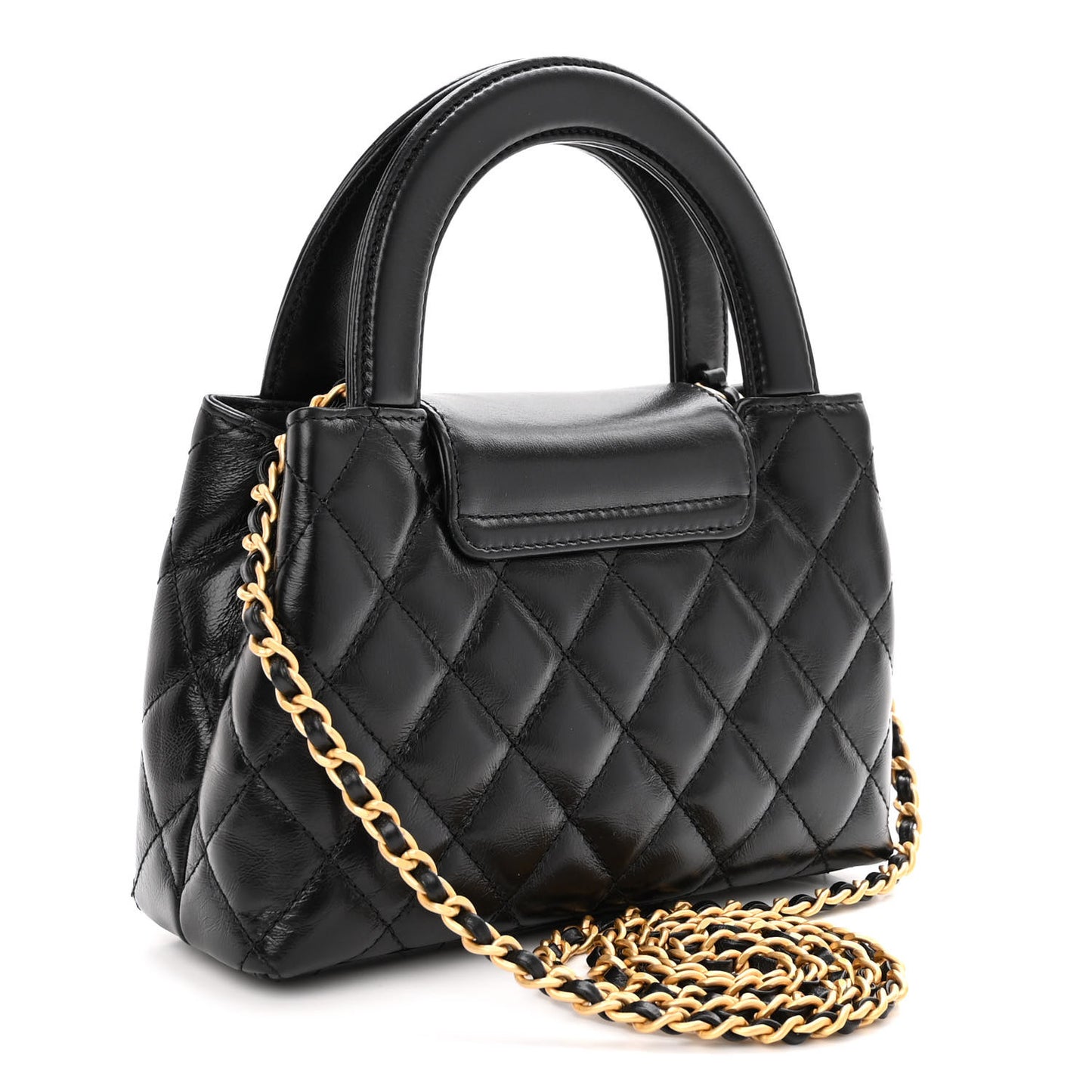 Shiny Aged Calfskin Quilted Nano Kelly Shopper Black