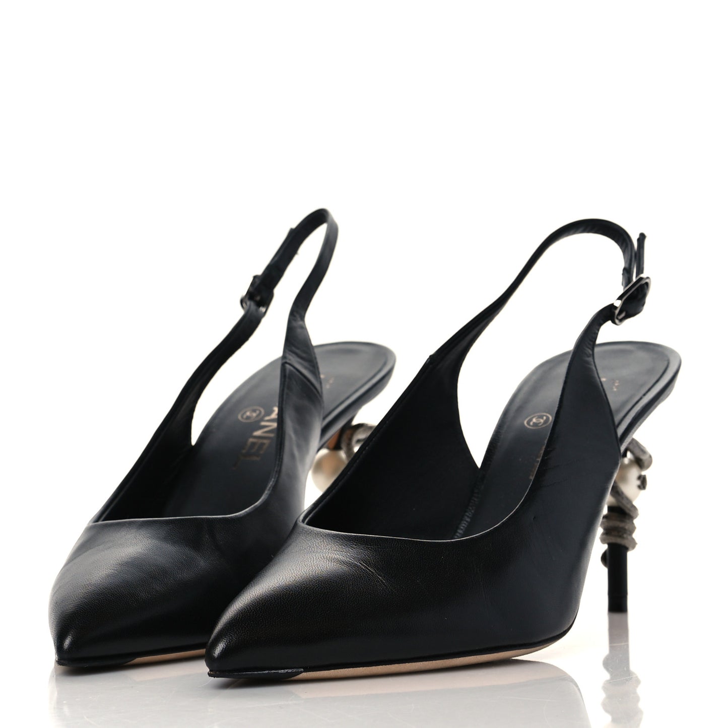 Lambskin Slingback Snake Pearl Heel 39.5 Black