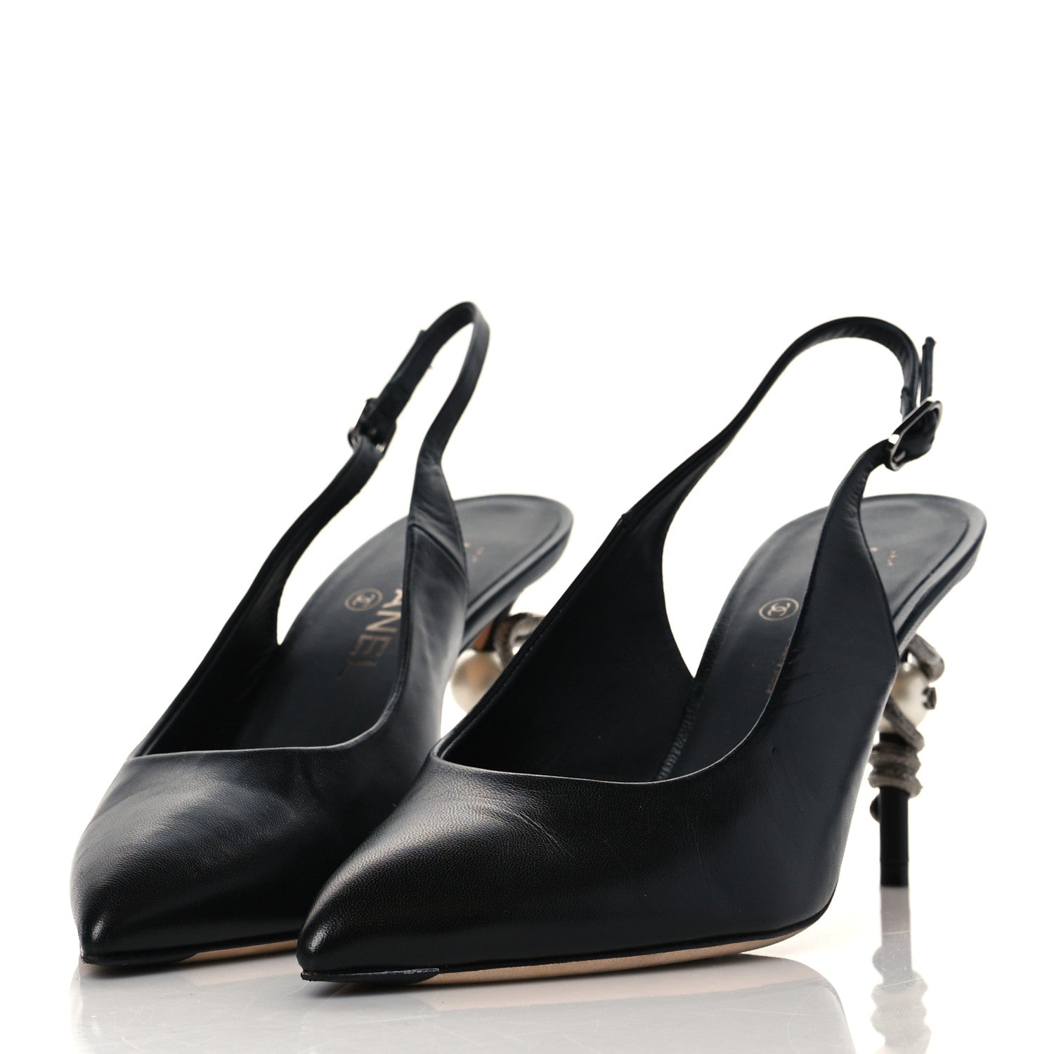 Chanel Lambskin Slingback Snake Pearl Heel 39.5 Black 3 of 10