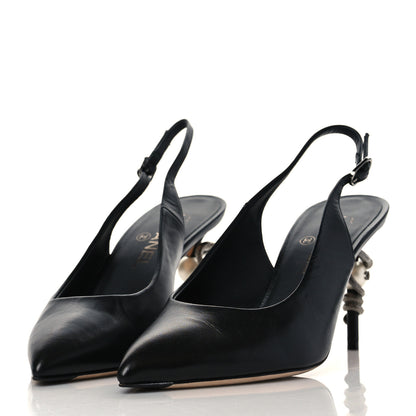 Chanel Lambskin Slingback Snake Pearl Heel 39.5 Black 3 of 10