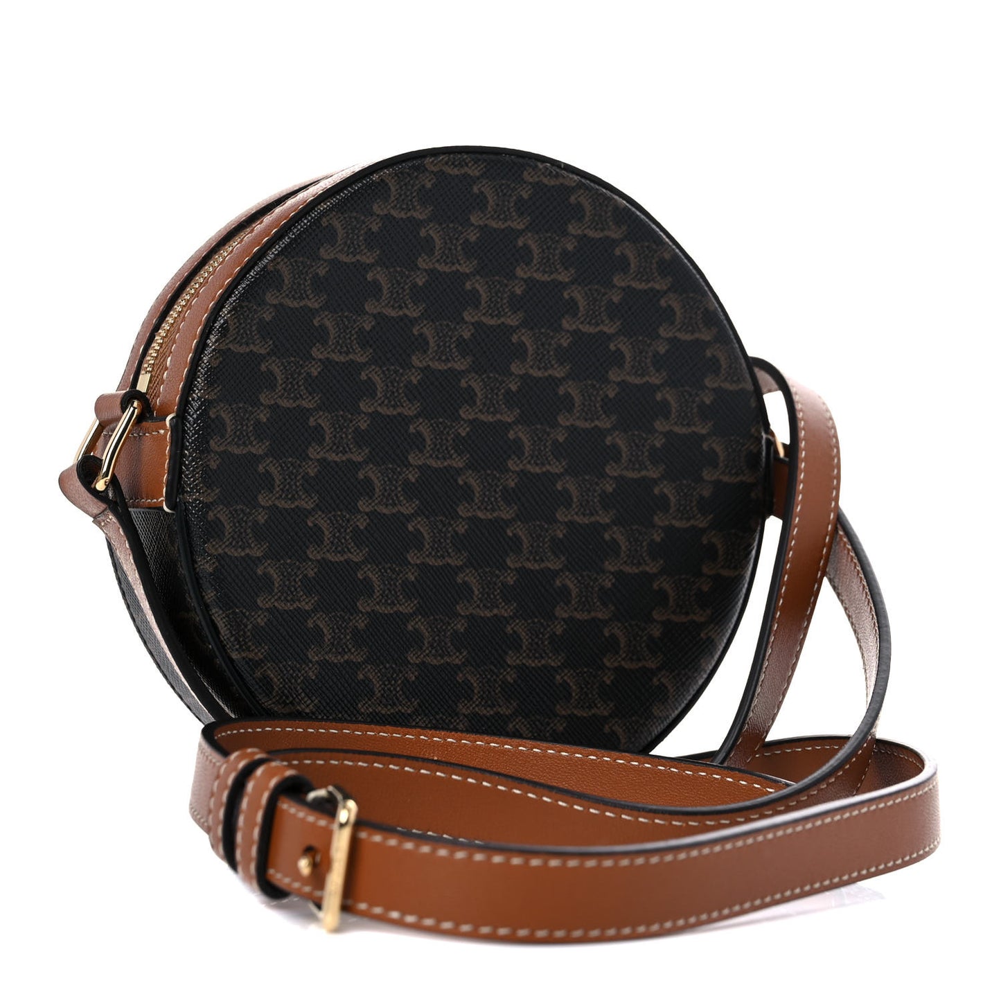 Lambskin Triomphe Canvas Round Purse On Strap Black Tan