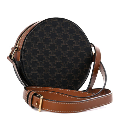 Celine Lambskin Triomphe Canvas Round Purse On Strap Black Tan 3 of 10