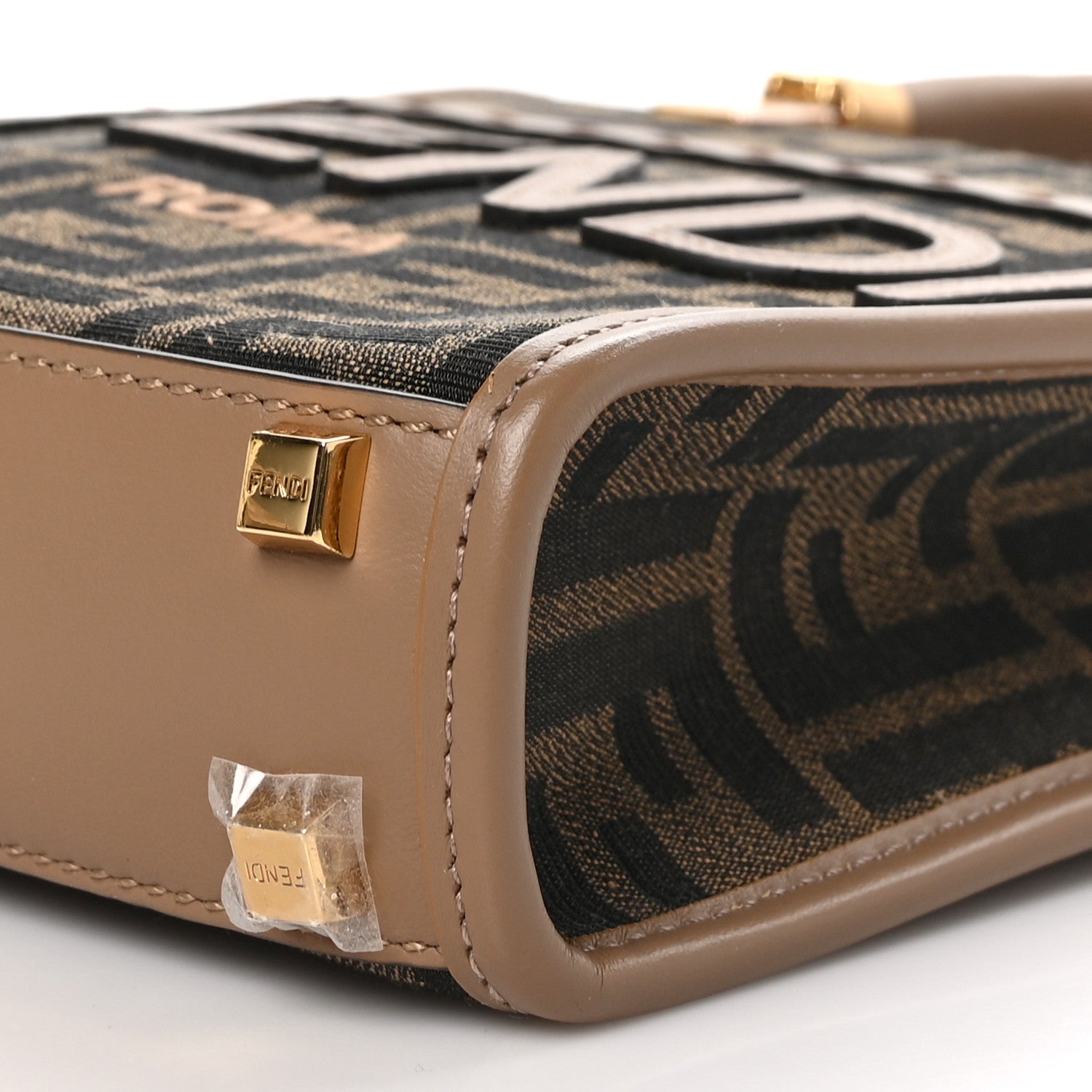 Fendi Fabric Jacquard Vitello Grace FF 1974 Logo Mini Sunshine Shopper Tobacco Moro Sand 9 of 10
