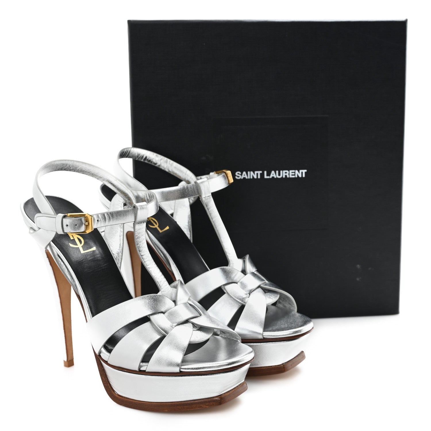 Saint Laurent Metallic Calfskin Tribute 105 Platform Sandals 39.5 Silver 11 of 11