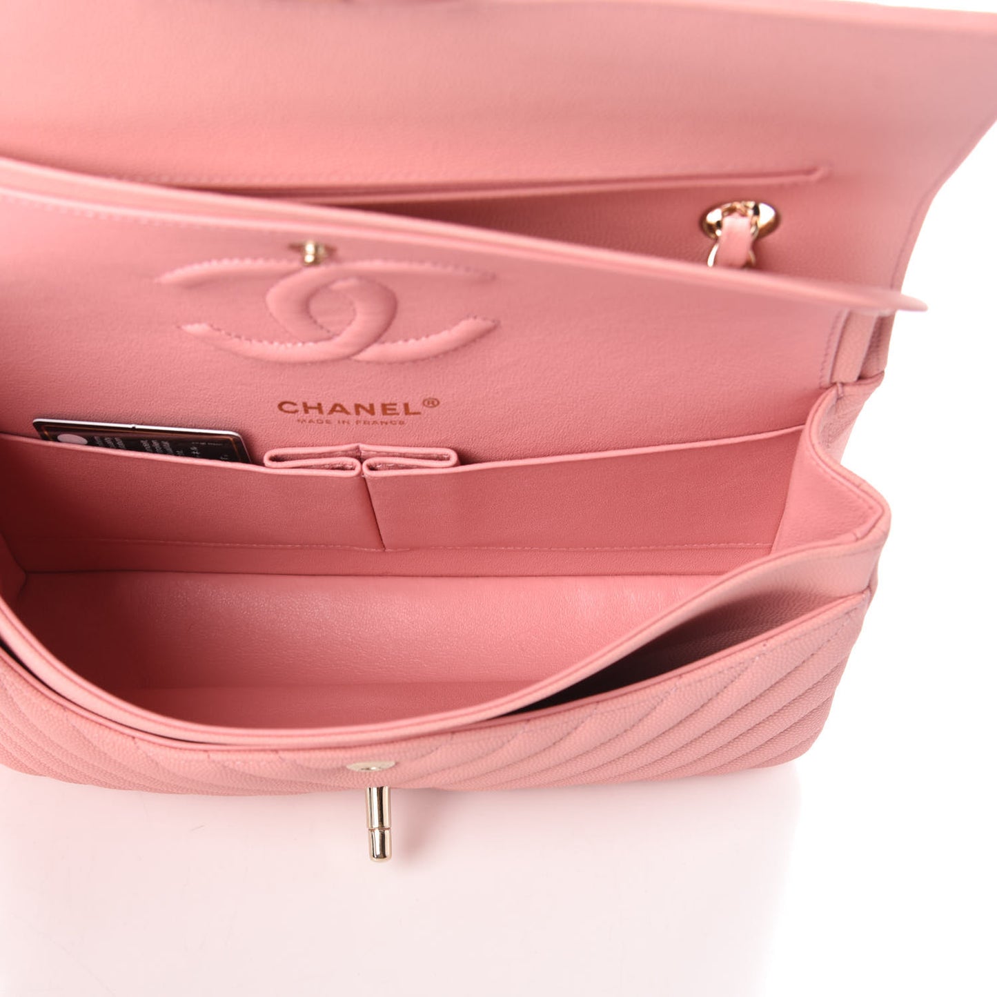 Caviar Chevron Quilted Medium Double Flap Pink