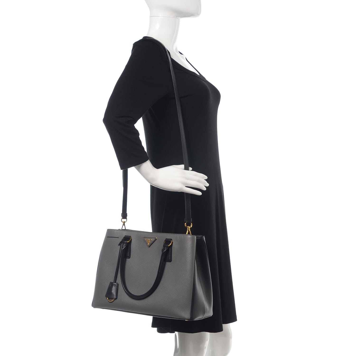 Prada Saffiano Lux Bi-Color Medium Tote Mercurio Black 2 of 9
