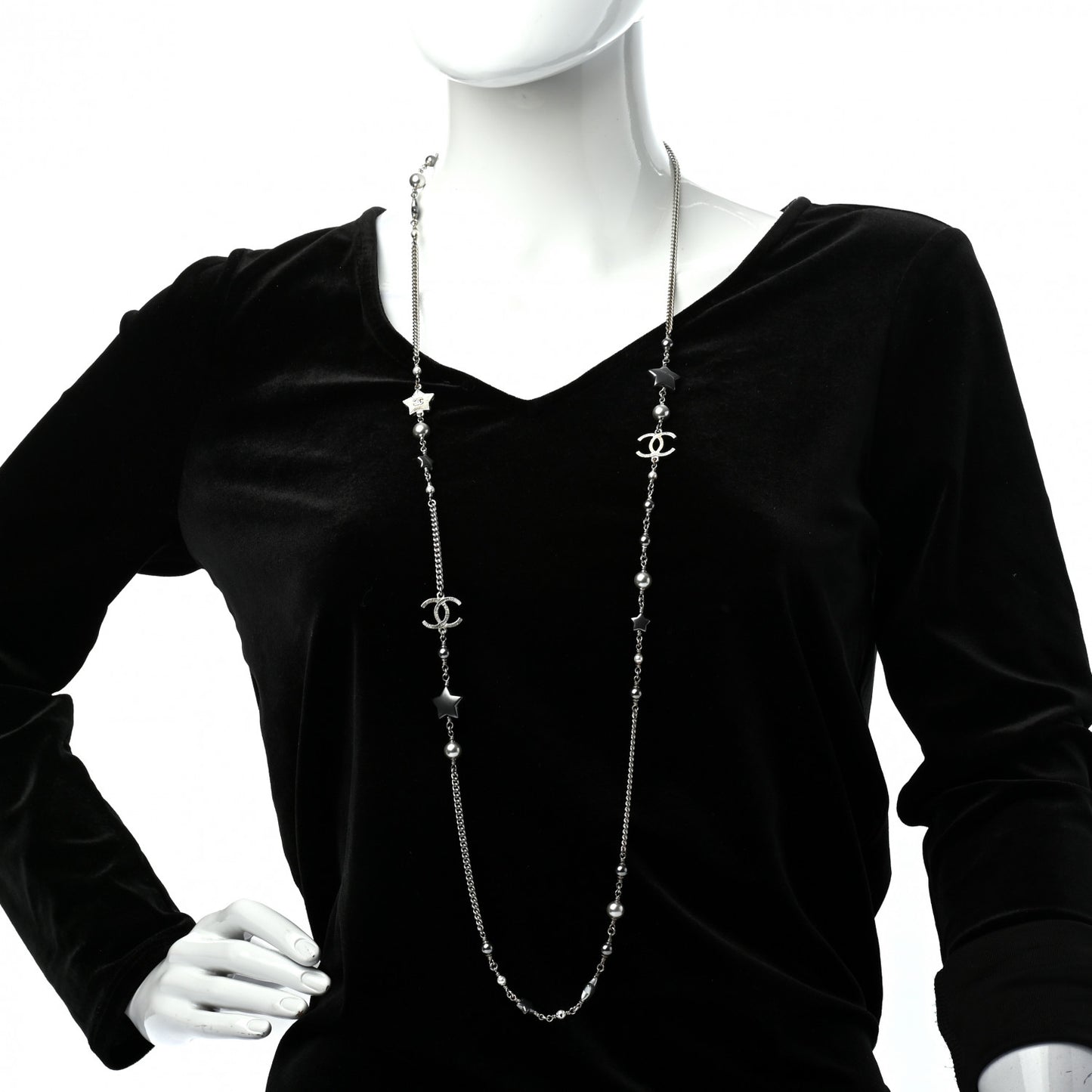 Resin Pearl Star CC Necklace Grey Silver