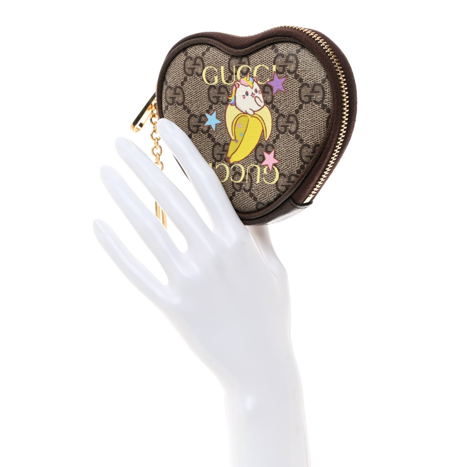 Gucci X BNF GG Supreme Monogram Textured Dollar Calfskin Bananya Print Heart Coin Purse Beige Ebony Multicolor New Acero 2 of 7