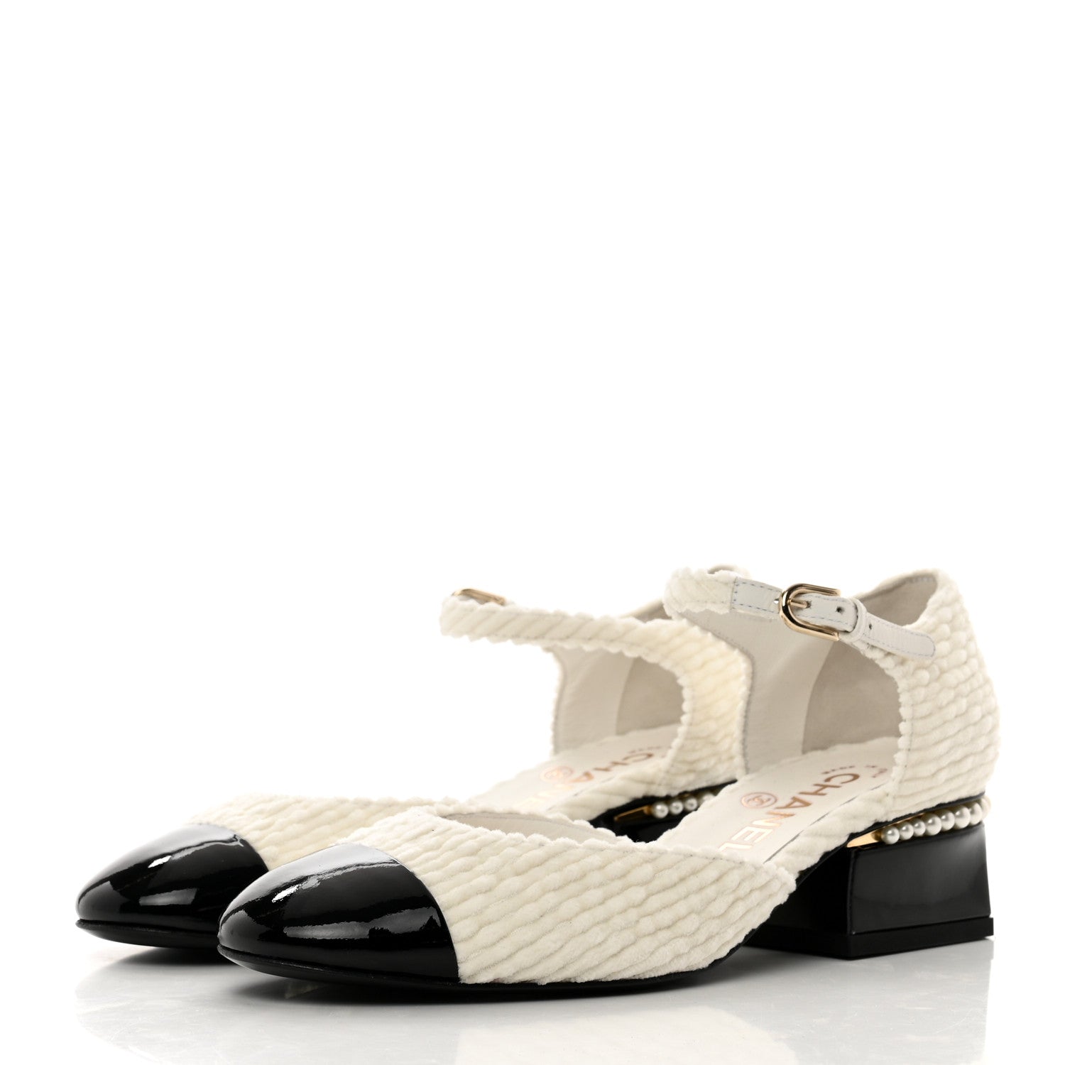 Chanel Velvet Patent Calfskin Pearl Mary Jane Flats 36 White Black 3 of 9