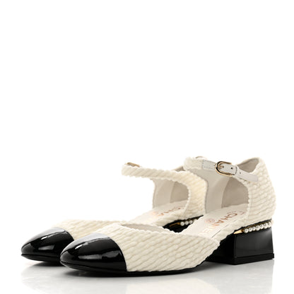 Chanel Velvet Patent Calfskin Pearl Mary Jane Flats 36 White Black 3 of 9