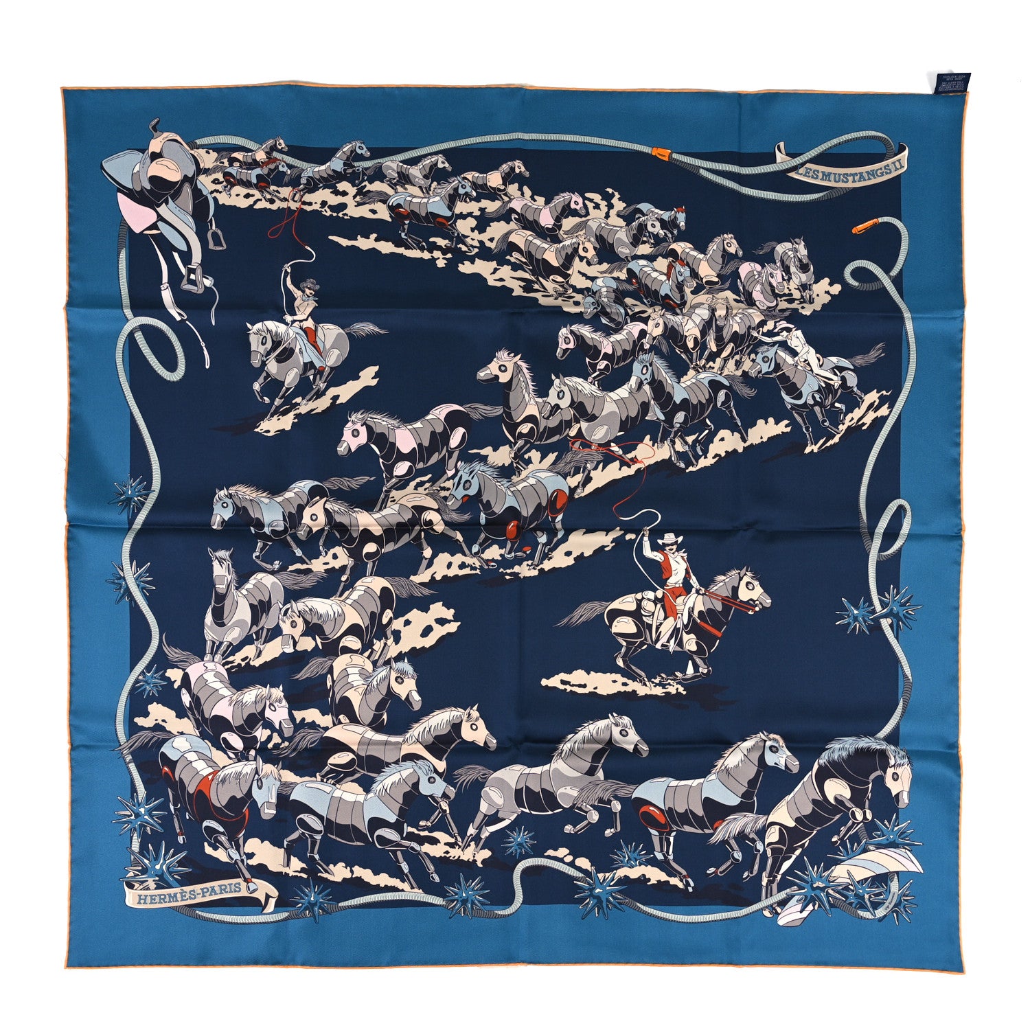 Hermes Silk Les Mustangs Double Face Scarf 90 Bleu Noir Mandarine 2 of 5