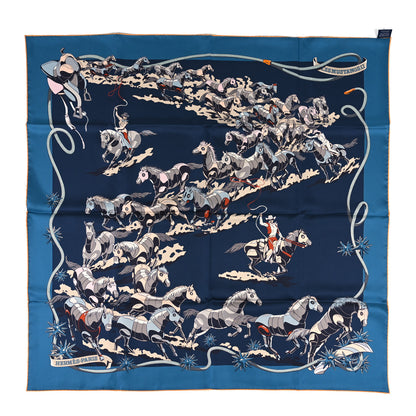 Hermes Silk Les Mustangs Double Face Scarf 90 Bleu Noir Mandarine 2 of 5