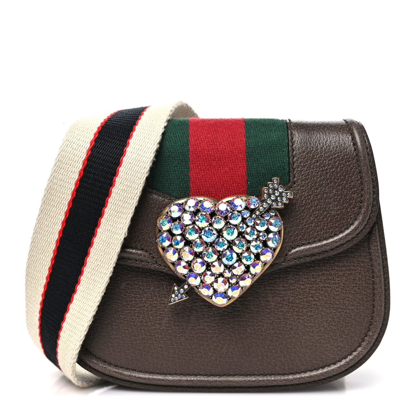 Textured Calfskin Web Crystal Heart Stripe Small Totem Shoulder Bag New Acero