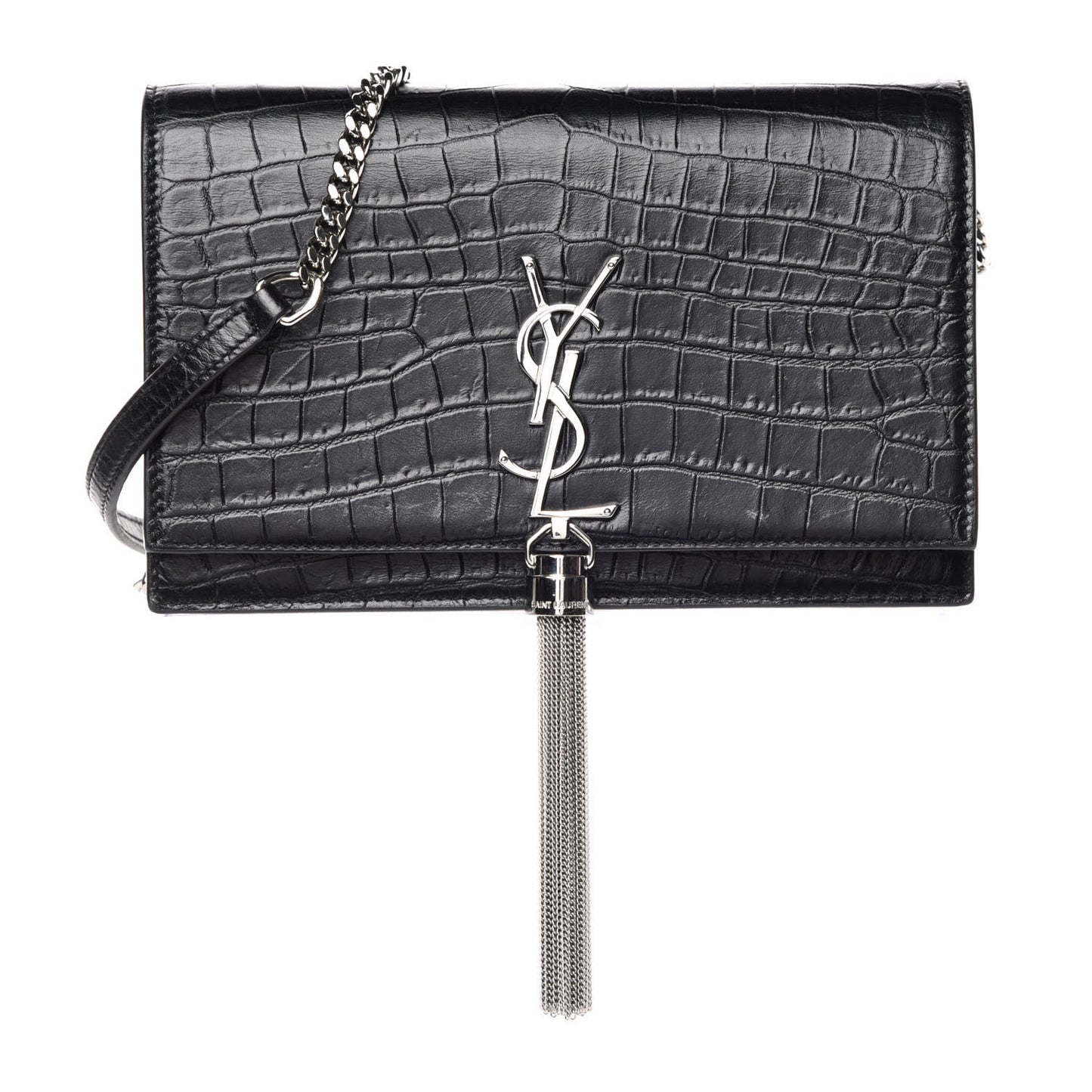 Calfskin Crocodile Embossed Kate Monogram Tassel Chain Wallet Black