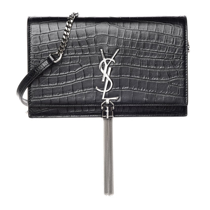 Saint Laurent Calfskin Crocodile Embossed Kate Monogram Tassel Chain Wallet Black 1 of 8