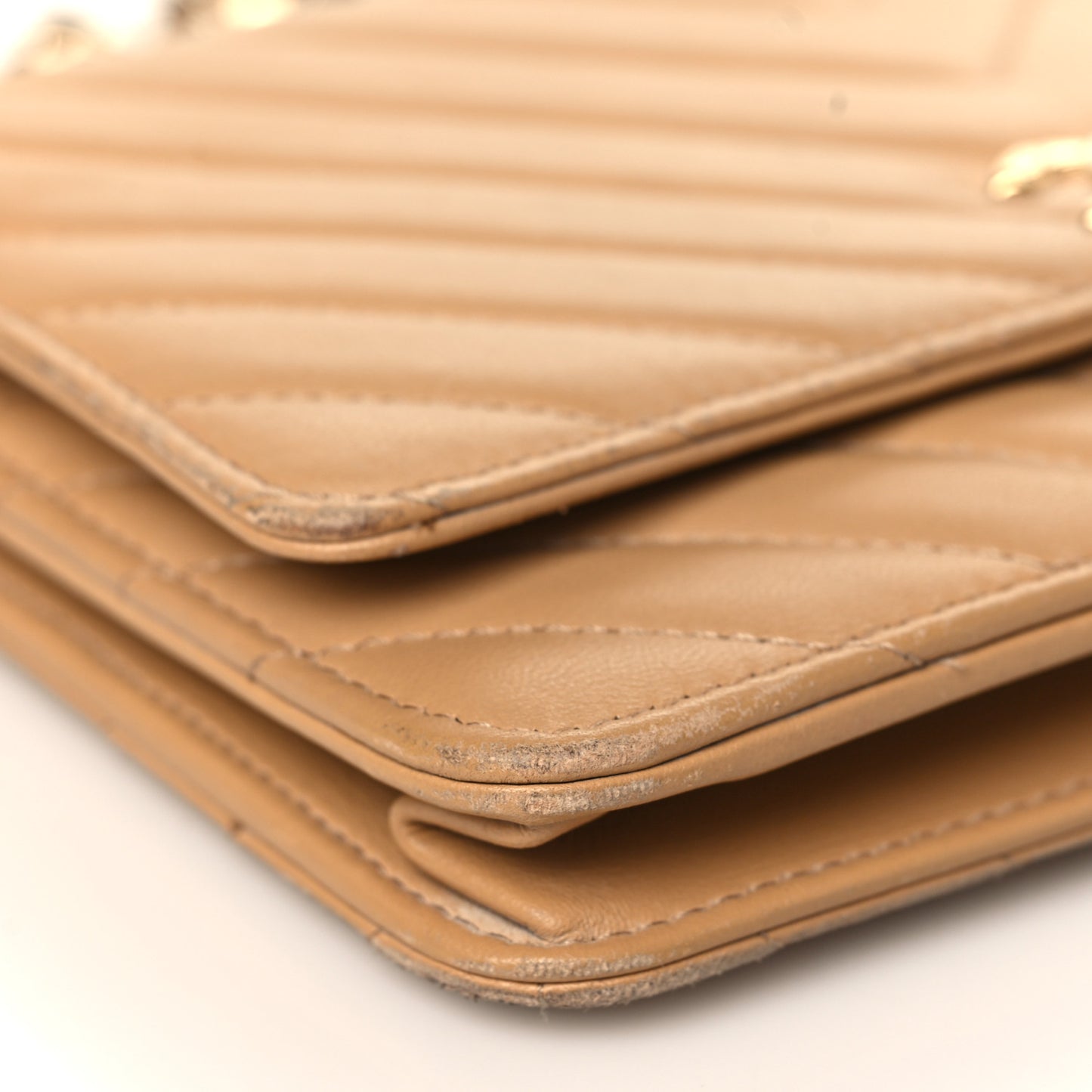 Lambskin Chevron Quilted Trendy CC Wallet On Chain WOC Beige