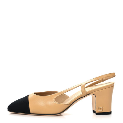 Chanel Goatskin Grosgrain Cap Toe CC Slingback Pumps 36.5 Beige Black 1 of 8