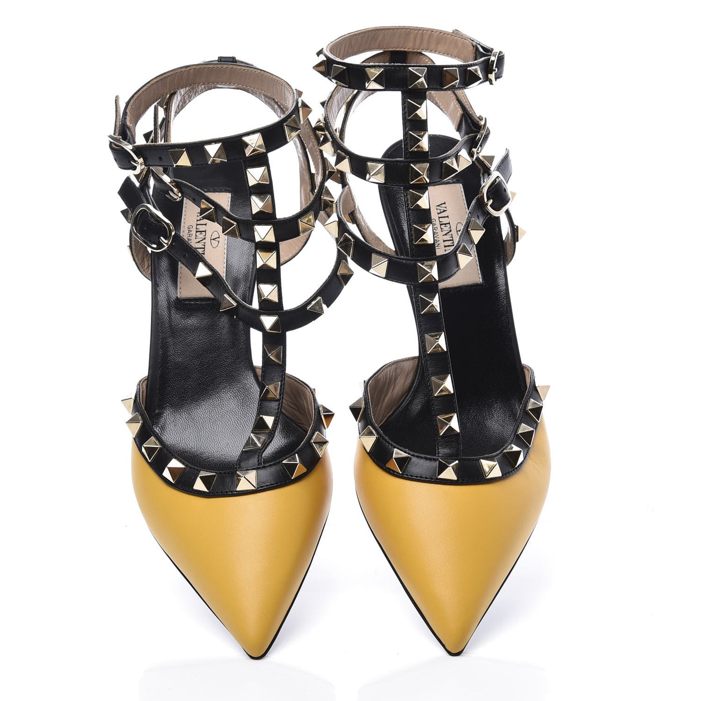 Nappa Rockstud Ankle Strap Low Heel Pumps 36 Yellow Black