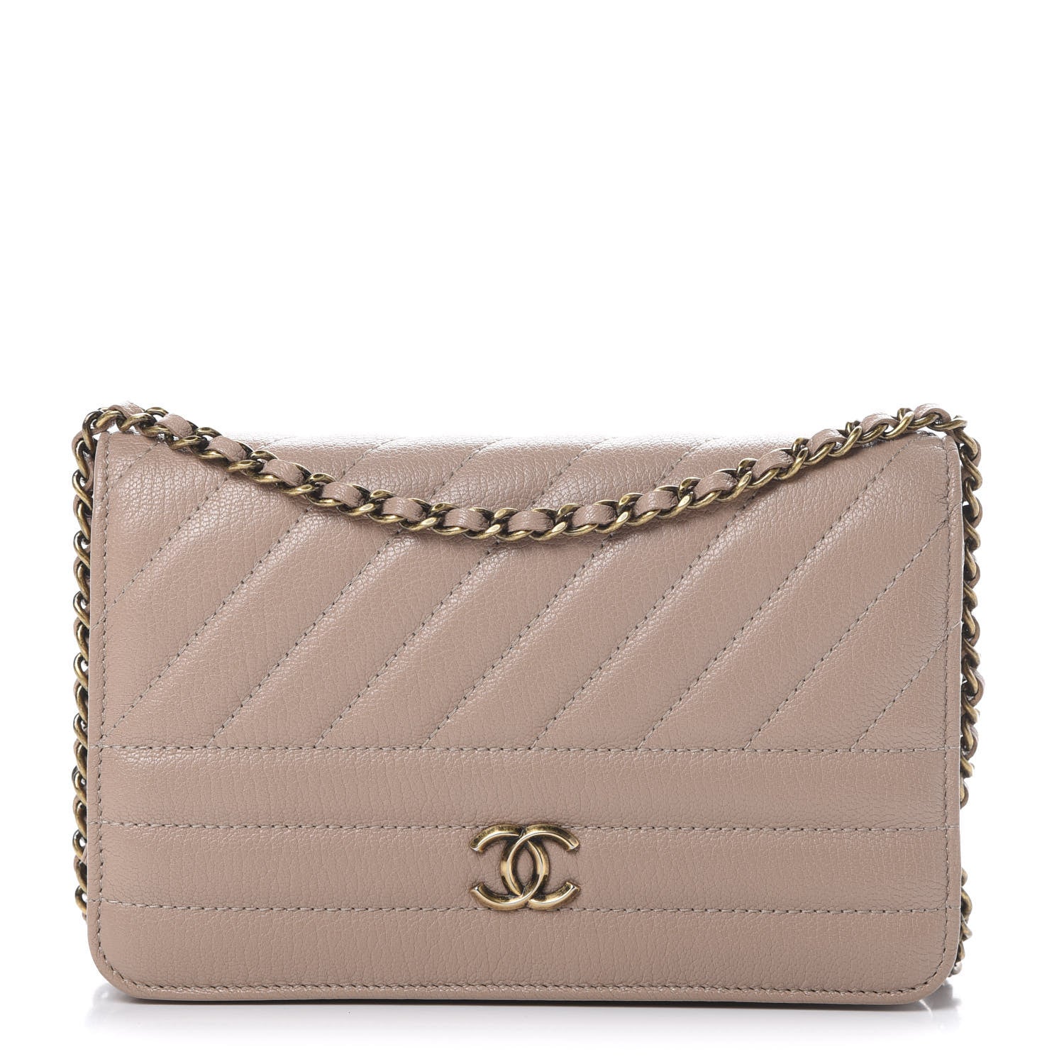 Chanel Goatskin Diagonal Quilted Wallet On Chain WOC Beige 1 of 11