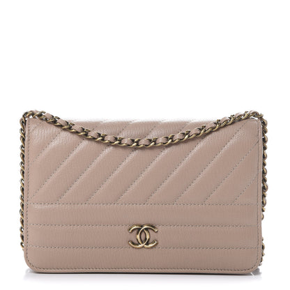 Chanel Goatskin Diagonal Quilted Wallet On Chain WOC Beige 1 of 11