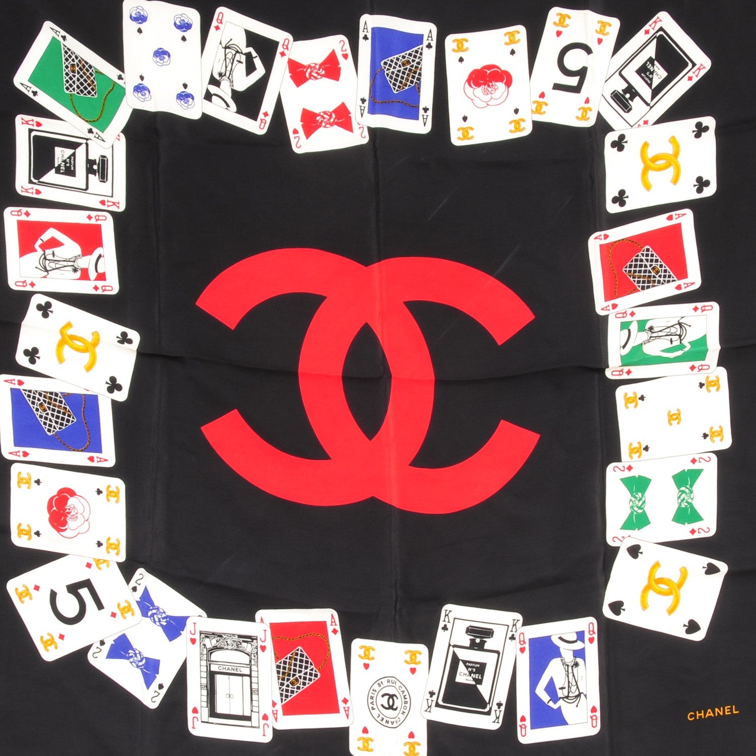 Chanel Silk Iconic Symbol Cards Scarf Black 1 of 3