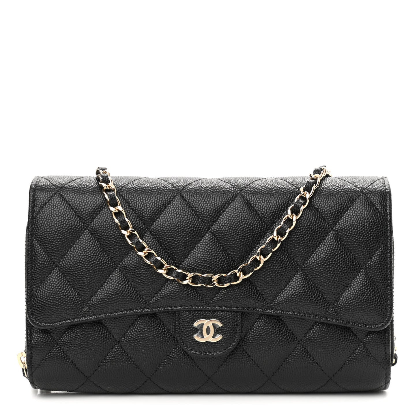 Caviar Quilted Phone Holder Wallet on Removable Chain Black