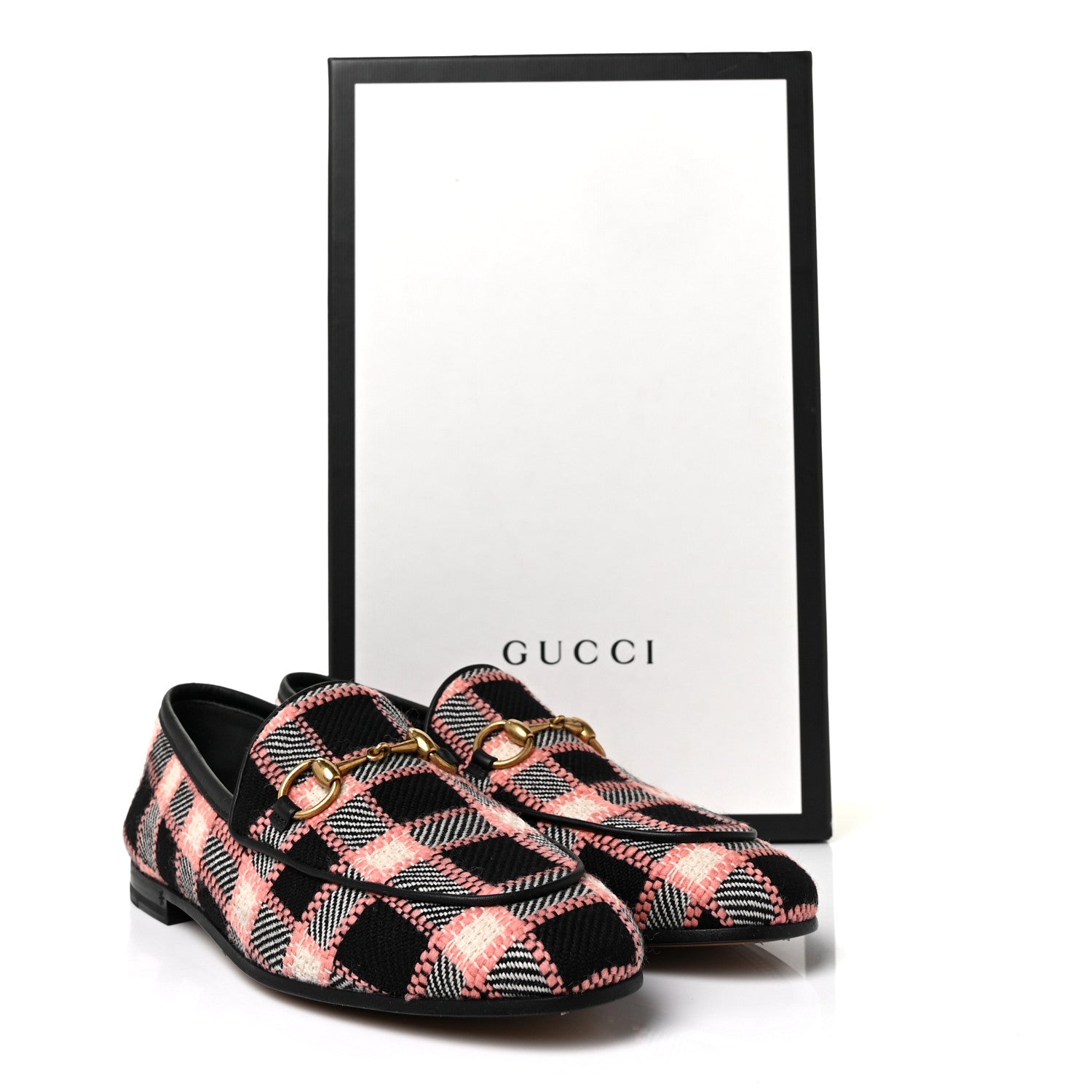 Gucci Tweed Check Horsebit Womens Jordaan Loafers 35 Black Pink Multicolor 9 of 9