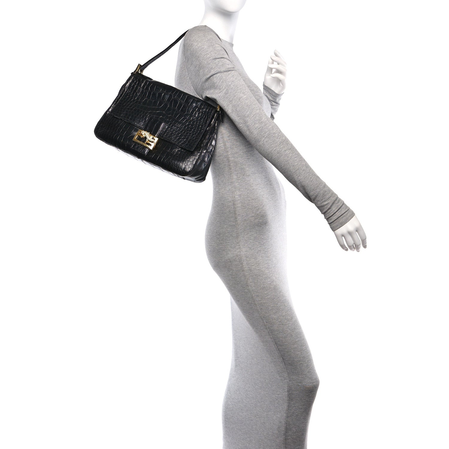 Fendi Crocodile Beaded Gecko Mama Baguette Black 2 of 11