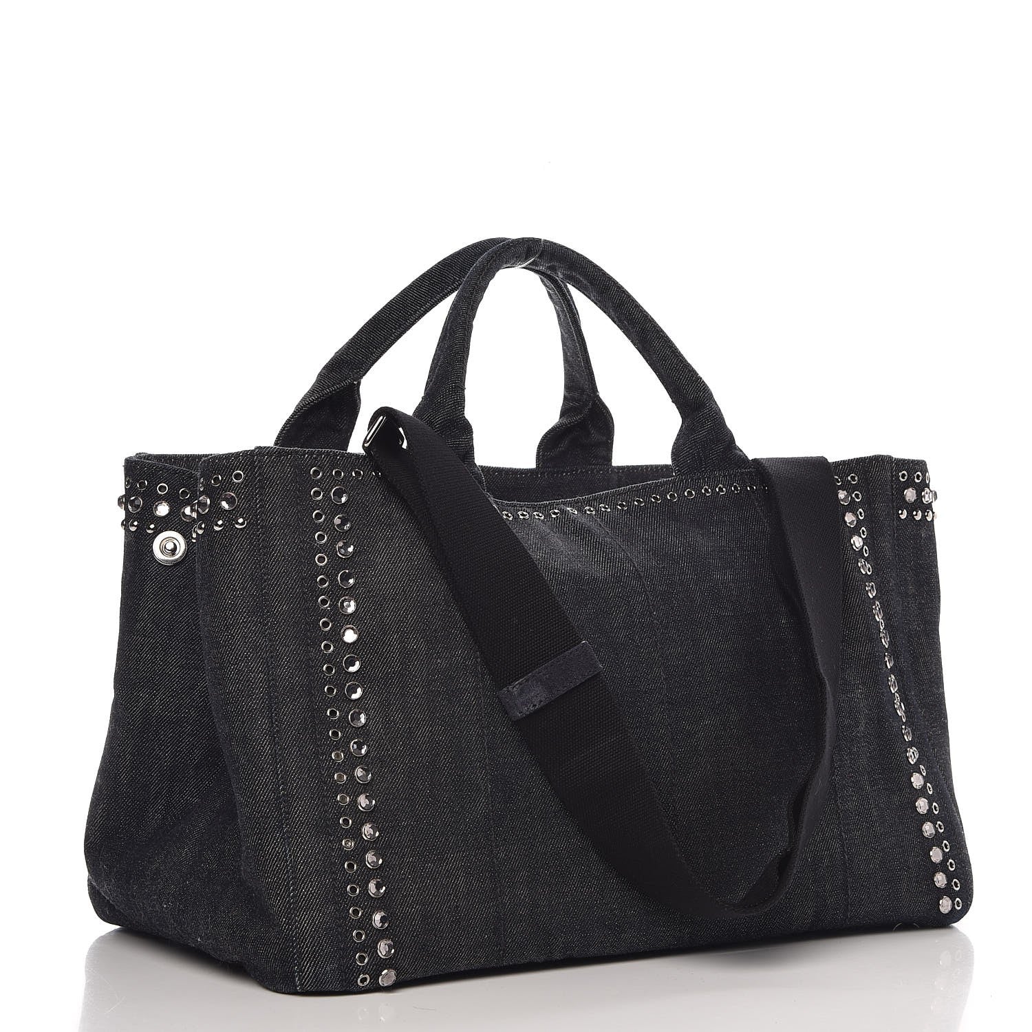 Prada Denim Crystal Studded Canapa Tote Black 3 of 9