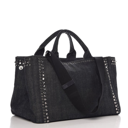 Prada Denim Crystal Studded Canapa Tote Black 3 of 9